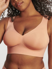 Scalloped edges Deep-v neckline Wireless Bra LightCoral