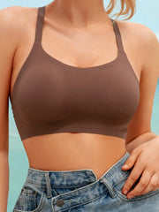 Cross Back Letter Print Wireless Bralette Brown
