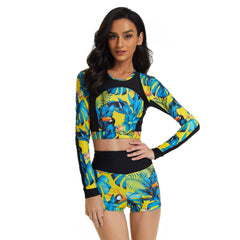 Crop Top Long Sleeve Swimsuit with High Waist Boyshorts