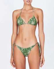 Green Floral Crinkle Halter Tie Side Bikini Set