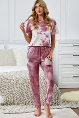 Tie Dye Printed Short Sleeve Tops Pants Loungewear Set