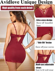 Avidlove Nightgown V-Neck Babydoll Chemises Lace Modal Sleepwear Full Slip Side Slit Sleep Dress XS-XL