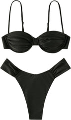 Halter Neck Pleated Triangle Swimsuit Beachwear - Black
