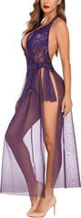 Avidlove Lingerie Nightgowns Deep V Lace Bodysuit Mosaic Lace Teddy Mesh Skirt