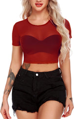 Avidlove Mesh Crop Top for Short Sleeve Bodycon Tees See Through Blouse O Neck Clubwear