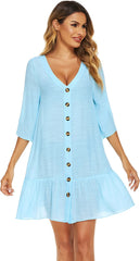Avidlove Casual Swim Cover up V-Neck Summer Beachwear Coverups Flowy Short Sleeve Mini Beach Dress
