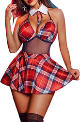 Avidlove Schoolgirl Lingerie Student Cosplay Roleplay Custumes Snap Crotch Teddy Plaid Skirt Lingerie Set