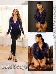 Avidlove Lace Short Sleeve Bodysuit Deep V Snap Crotch Clubwear Tops S-XXL