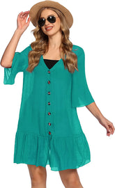 Avidlove Casual Swim Cover up V-Neck Summer Beachwear Coverups Flowy Short Sleeve Mini Beach Dress