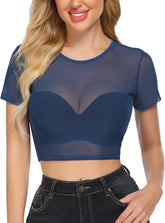 Avidlove Mesh Crop Top for Short Sleeve Bodycon Tees See Through Blouse O Neck Clubwear