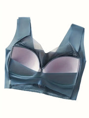 Contrast Lace Wireless Bra, Soft & Comfortable Tank Bra, Women's Lingerie & Underwear Blue