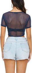 Avidlove Mesh Crop Top for Short Sleeve Bodycon Tees See Through Blouse O Neck Clubwear