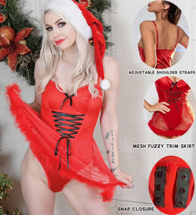 Avidlove Santa Costume for Cute Bow Christmas Dress Snap Crotch Bodysuit One Piece Teddy with Mini Skirt