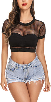 Avidlove Fishnet Crop Top for Short Sleeve Mesh Bikini Pullover Shirt See Through Blouse