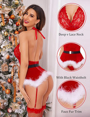 Avidlove Christmas Lingerie Sets Garter Bustier Set Santa Babydoll Bodysuits Lace Chemise (No Stockings) S-XXL