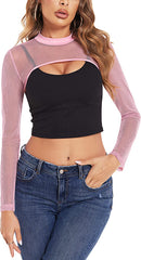 Avidlove Mesh Crop Tops for Mock Neck Long Sleeve Crop Top See Through Shirt Top Clubwear