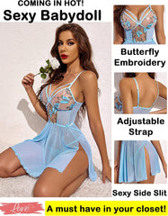 Avidlove Lingerie Lace Chemise Floral Embroidery Mesh Babydoll Side Slit Sleepwear
