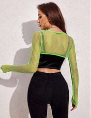 Avidlove Fishnet Long Sleeve Crop Top See Through Shirt Sheer Blouse Outfits