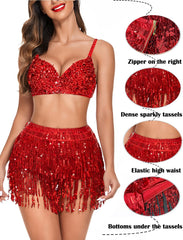 Avidlove Sequin Tassel Skirt Belly Dance Belt Dance Performance Skirt Party Rave Skirt for Women