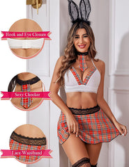 Avidlove Schoolgirl Lingerie Set Plaid Mini Skirt Lingerie High Waist Halter Babydoll with Chocker
