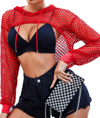 Avidlove Mesh Hoodie Crop Top Fishnet Shirt Long Sleeve Crop Top Hoodie