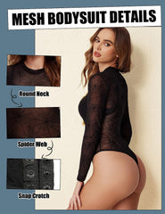 Avidlove Mesh Bodysuit Black Long Sleeve Bodysuit Round Neck Sheer Leotards Bodysuit Tops Snap Crotch