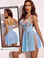 Avidlove Lingerie Lace Chemise Floral Embroidery Mesh Babydoll Side Slit Sleepwear