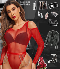 Avidlove Bodysuit for Mesh Tops Cold Shoulder Long Sleeve Shirts Waist Chains Snap Crotch Teddy Lingerie