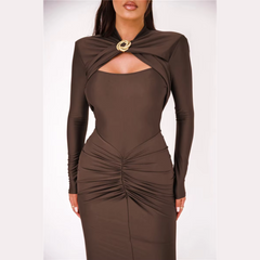 Agnola - Brown Cutout Ruched Maxi Bodycon Dress