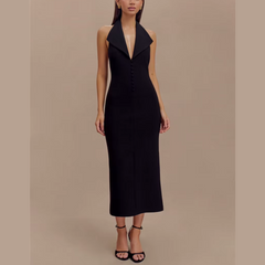 Fleur - Black Deep V Halter Neck Dress