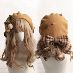 Kawaii Plaid Beret with Bow