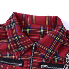 Punk Goth Outfit Set - Plaid Vest & Mesh Long Sleeve Top
