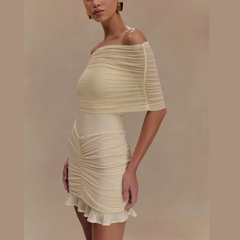 Hazel - Beige Mesh Off Shoulder Ruffled Dress