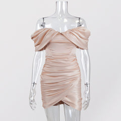 Melanie - Pink Off The Shoulder Satin Dress