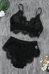 Black Spaghetti Strap Push Up Eyelash Lace Bra Set