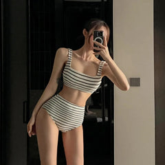 White Black Striped Bikini Top