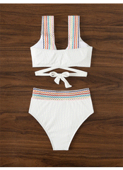 COLORFUL WAVY RIBBED BIKINI SET - WHITE