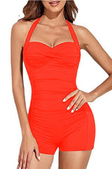Ladies Halter Neck 1 Piece Bikini Bodysuit Swimwear - Orange