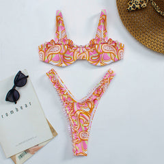 Pink Floral Ruffled V Cut Bikini Bottoms