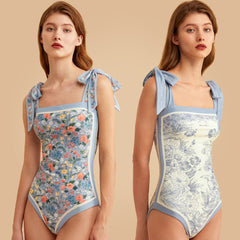 Vintage Blue Floral Print Reversible Tie-Shoulder One Piece Swimsuit