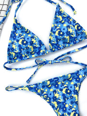 Azure Feather Print Halterneck Triangle Tie Side String Bikini Set