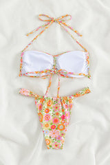 Floral 2 Piece High Hips Thong and Wireless Tie Bra