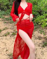 Halter Bikini Top + Bottom + Long-Sleeve Knot Cover Up + Skirt