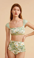 Spring Floral Square-Neck High Waisted Bikini Set