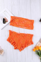 Orange Lace Mesh Tube See Through Strapless Lingerie Set