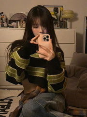 Grunge Striped Cropped Loose Sweater