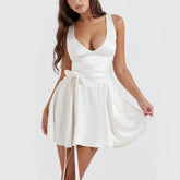 Loretta - White Satin V Neck A Line Dress