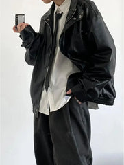 Loose Korean Casual Outfit Set - Leather Jacket, Shirt & Pants