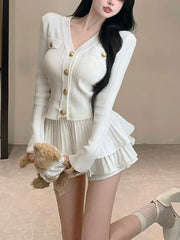 Korean Casual Slim Outfit Set - Cardigan & Mini Skirt