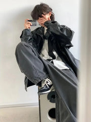Loose Korean Casual Outfit Set - Leather Jacket, Shirt & Pants